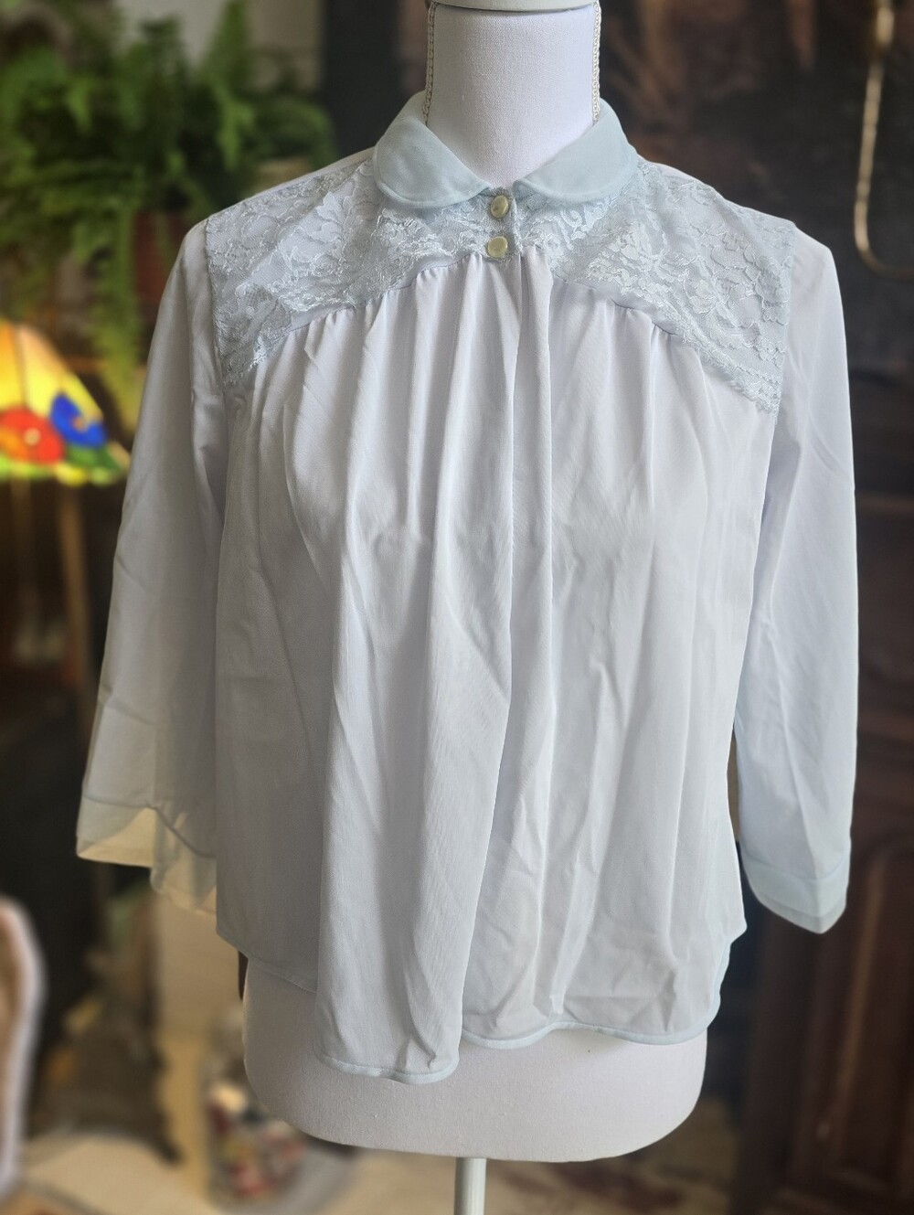 Vintage Rogers Pale Blue Lace-Yoke Bed Jacket with Button Collar